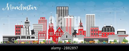 Manchester New Hampshire City Skyline with Gray Buildings and Blue Sky. Vector Illustration. Stock Vector