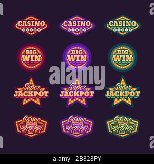 Collection of shining red, green and purple retro casino signs Stock Vector