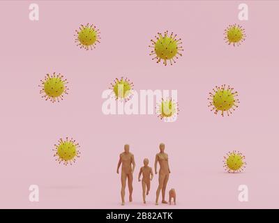 Family exposed to an environment with virus and being at health risk - 3d rendering concept Stock Photo