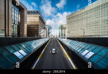 Brussels European District, Brussels Capital Region / Belgium - 02 17 2020: View over the traffic tunnel at Rue de la loi - Wetstraat