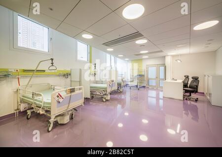 Empty wake up room at a cancer Radiation Proton beam therapy treatment hospital. Uppsala, Sweden. Stock Photo