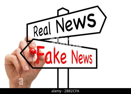 Fake news concept. Hand-drawn signpost with the words real news and fake news Stock Photo