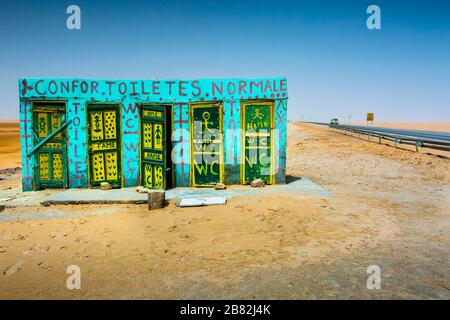 Toilets in a salt lake. Stock Photo
