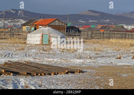 Yurt and the village, Mongolia Stock Photo