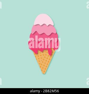 Ice cream cone isolated icone. 3d vector. Paper cut style. Summer dessert Stock Vector
