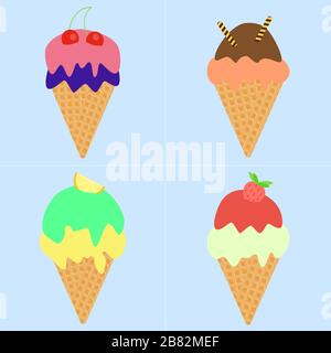 Set of Ice cream cones. Vector icons. Summer dessert. Ice cream collection Stock Vector