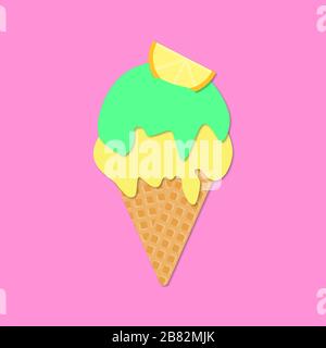 Ice cream cone isolated icone. 3d vector. Paper cut style. Summer dessert Stock Vector