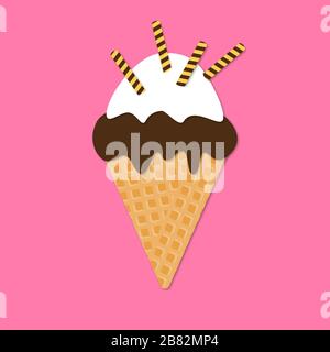 Ice cream cone isolated icon. 3d vector. Paper cut style. Summer dessert Stock Vector