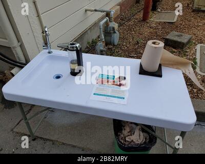 At the Bay Area Discovery Museum, a children's museum in Sausalito, California, a hand washing station is set up as part of an educational program about hand hygiene during an outbreak of COVID-19 coronavirus, Marin County, Sausalito, California, March 8, 2020. () Stock Photo