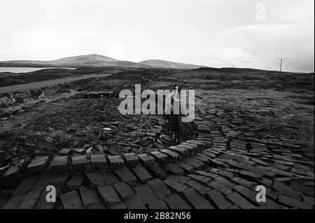 Two men cutting peat on a stretch of land at Loch Portan on the island of North Uist in the Outer Hebrides, Scotland. Peat cutting was a traditional method of gathering fuel for the winter in the sparsely-populated areas on Scotland's west coast and islands. The peat was dried and used in fires and ovens. Stock Photo