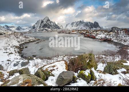 Reine is the most beautiful fisherman village in Lofoten , Norway Stock Photo