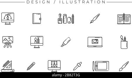 Set of Design and Illustration icons is one of the modern line icons sets on the theme of Freelance Professions. Stock Vector