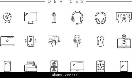 Set of Devices icons is one of the modern line icons sets on the theme of Freelance Professions. Stock Vector