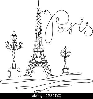Vector hand drawing sketch. One line minimalist style Illustration Paris sights. Eiffel tower, La Tour Eiffel in Paris Stock Vector