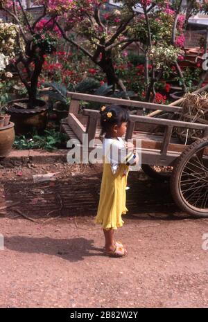 Young, dark haired, Lao girl in a yellow dress and matching hair ties. She also has yellow flowers on her sandals. She is standing on the road in Vientiane, Laos, in front of a home-made wooden cart and red, white and pink blossom trees grown in large pots. Stock Photo