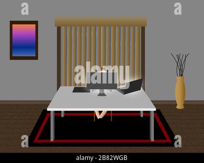 A person sits behind the glare of a computer screen with headphones on. The sky is bright and blue but hidden behind the closed window blinds. Stock Vector