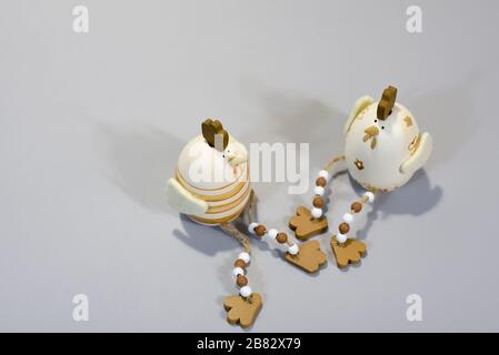 chicken figurines in the form of Easter eggs, funny handmade holiday toys and home decorations Stock Photo