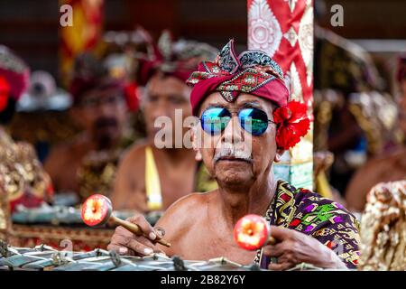 Musicians (Gamelan), Perform During A Traditional Balinese Barong and Kris Dance Show, Batabulan, Bali, Indonesia. Stock Photo