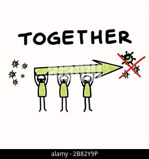 Support each other corona virus covid 19 stickman infographic. Considerate community help graphic clip art.Worl wide viral pandemic affects everyone Stock Vector
