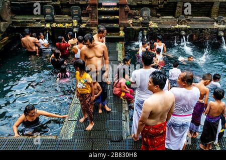 Balinese Visitors Bathing In The ‘Holy Spring’ Pools During A Hindu Festival, Tirta Empul Water Temple, Bali, Indonesia.