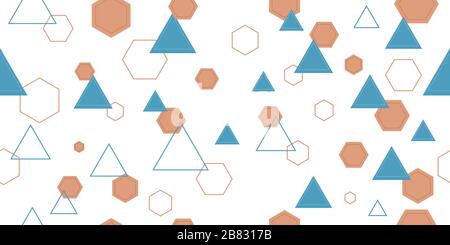 Seamless pattern from colorful triangles and hexagons. Cropped shapes. Vector illustration. Isolated elements on a white background. Stock Vector