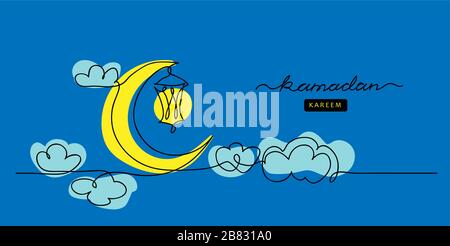 Ramadan simple, minimalist blue vector background with lantern, crescent, moon, clouds. Stock Vector