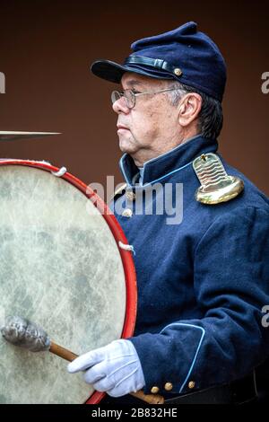 Bass drum player, NM Territorial Brass Band, Civil War reenactors, Rancho de las Golondrinas Living History Museum, Santa Fe, New Mexico USA Stock Photo