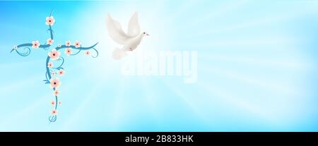 Flowered Christian cross and flying dove. Christian sign. Easter. Sign of purity. Christian faith. Baptism. Holy Spirit. Light blue background Stock Vector