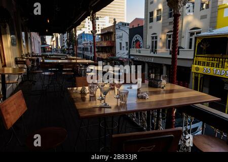 South African bars and restaurants have had a 6pm curfew imposed to combat the Coronavirus. Long Street is Cape Town's bar and club strip Stock Photo