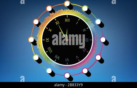 wall clock is on abstract blue background Stock Vector