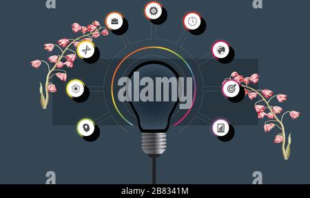 light bulb with components on floral background Stock Vector