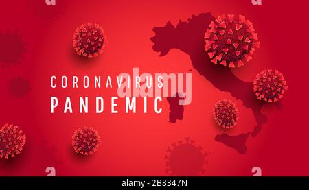 Coronavirus pandemic concept. Italy map, 3D Covid 19 bacterium cells on red background with text. Dangerous situation in the world Stock Vector