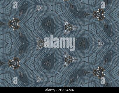 Metal grid patterned kaleidoscope blue background. Stock Photo