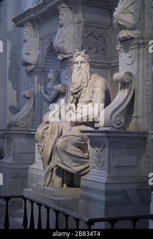 ROME, ITALY - 21 Jan 2020: Detail of the altar sculpture group of prophet Moses, famous sculpture by Renaissance artist Michelangelo for the church of Stock Photo