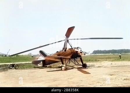 Pitcairn PAA-1 autogiro experimental aircraft at Langley Research Center in Hampton, Virginia, 1961. Image courtesy National Aeronautics and Space Administration (NASA). Note: Image has been digitally colorized using a modern process. Colors may not be period-accurate. () Stock Photo