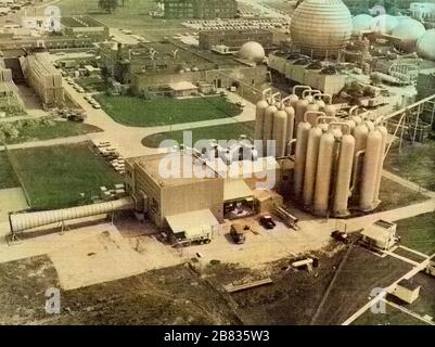 Aerial view of the Thermal Structures Tunnel showing air storage bottle field, the heat exchanger and test section portions of the tunnel, Langley Research Center, Hampton, Virginia, 1971. Image courtesy National Aeronautics and Space Administration (NASA). Note: Image has been digitally colorized using a modern process. Colors may not be period-accurate. () Stock Photo