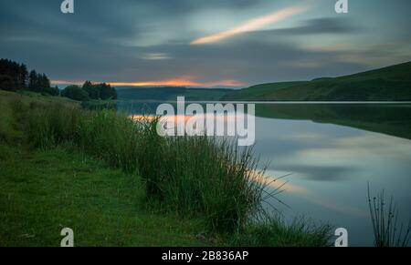 Sunset and reflections on Lake, Llyn Clywedog Stock Photo