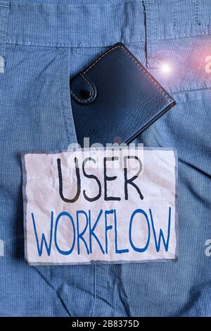 Handwriting text writing User Workflow. Conceptual photo orchestrated and repeatable pattern of business activity Small little wallet inside man trous Stock Photo