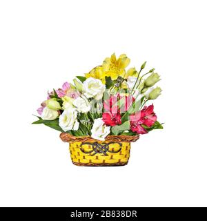 Bouquet of beautiful multicolored Alstroemeria flowers and white Eustoma (Lisianthus) flowers in basket isolated on white background - delicate detail Stock Photo