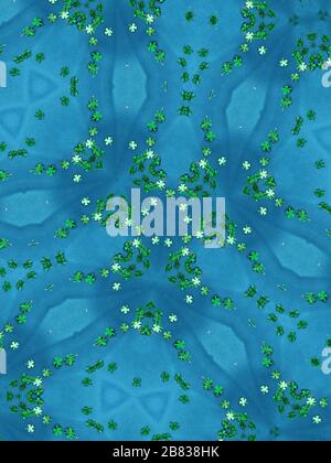 Reflective view of kaleidoscope of green clover confetti centre on sky blue background. Stock Photo