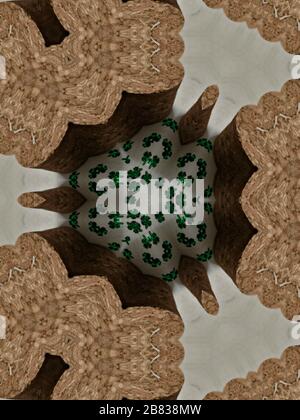 Reflective view of kaleidoscope wooden cork and green clover confetti ground. Stock Photo
