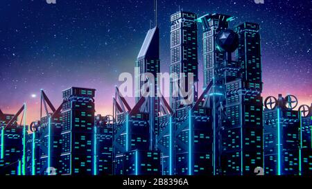 Abstract Futuristic City 3d render, Digital Cityscape background. city landscape, Dots Building in the night City, sci-fi, skyline Perspective, Archit Stock Photo