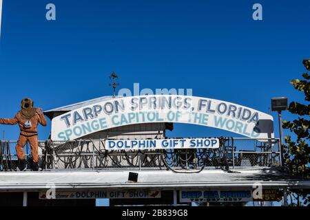Tarpon Springs, Florida/USA – Feb 15, 2020  'Tarpon Springs' sign over a gift shop  in Tarpon Springs, Florida Stock Photo