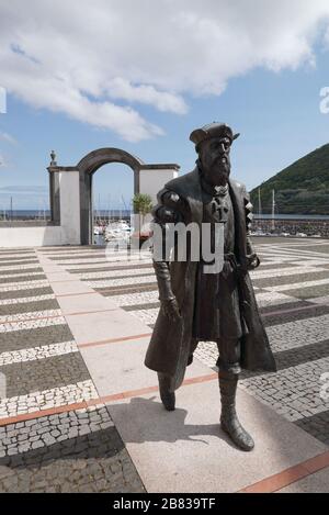 The statue of Vasco da Gama on the harborfront in Angra do Heroísmo on the island of Terceira in the Azores archipelago. Stock Photo