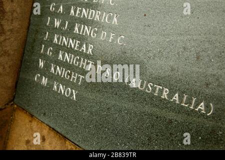 Memorial to the members of the RAF's 617 squadron who died during World War 2, Woodhall Spa, Lincolnshire, UK, showing the name of Les Knight DSO. Stock Photo