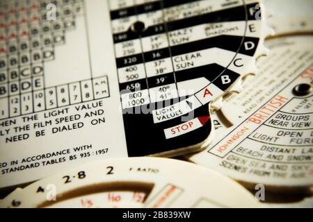 Close up of vintage Johnson's photographic exposure calculators. Stock Photo