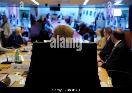 Washington DC, USA. 19th Mar, 2020. United States President Donald J. Trump attends a teleconference with governors at the Federal Emergency Management Agency headquarters, Thursday, March 19, 2020, in Washington, DC. Credit: MediaPunch Inc/Alamy Live News Stock Photo