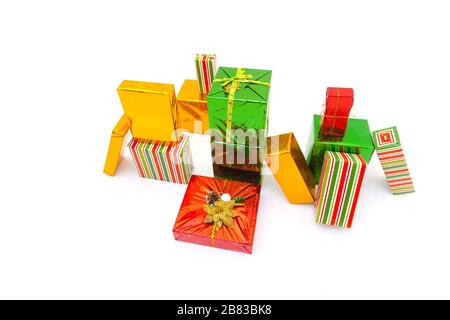Shopping in colorful packaging. Boxes with xmas presents wrapped. Isolated on white background Stock Photo