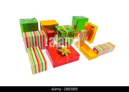 Shopping in colorful packaging. Boxes with xmas presents wrapped. Isolated on white background Stock Photo
