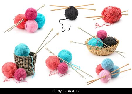 Assorted woolen yarn balls isolated on white background Stock Photo